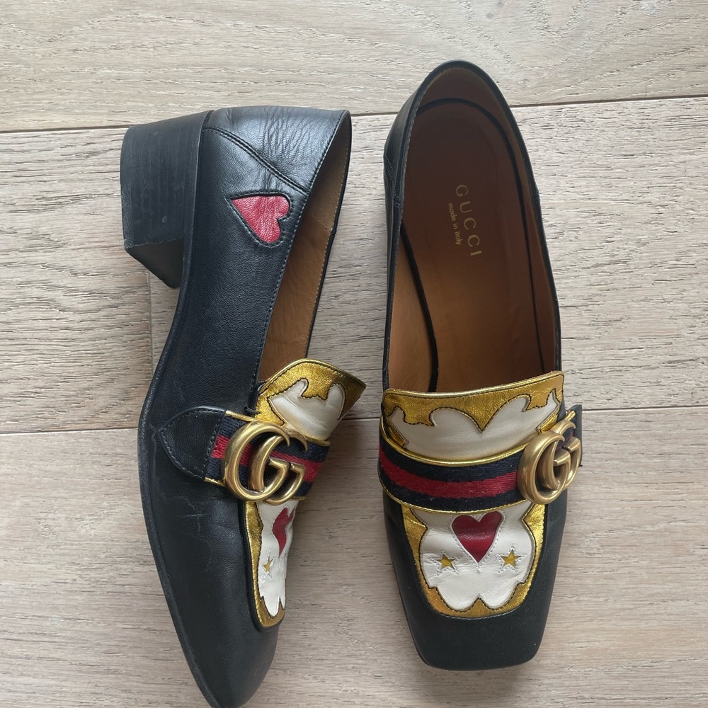 RARE gucci peyton heart heeled loafers in black multicolor leather size 37.5